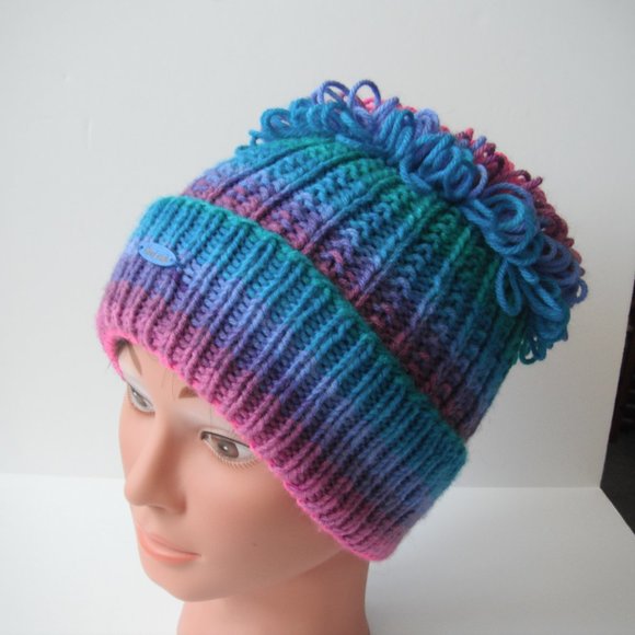 Hand Knitted Hat Toque Adult Size - L-M  Acrylic Pink/Blue-026B Hand knit by me - Picture 3 of 8